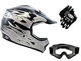 TMS Youth Kids Black Flame Dirtbike Off-Road ATV Motocross Helmet MX+Goggles/Gloves (Large)