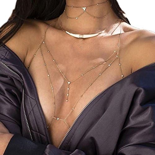 Bohemian Sexy Simple Beads Shiny Rhinestone Choker Necklace with Bra Chest Long Body Chain Pendant Statement for Beach Body Accessories (Silver)
