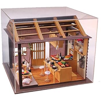 Cool Beans Boutique Miniature DIY Dollhouse Kit Wooden Japanese Sushi Shop with Dust Cover - Architecture Model kit (English Manual)