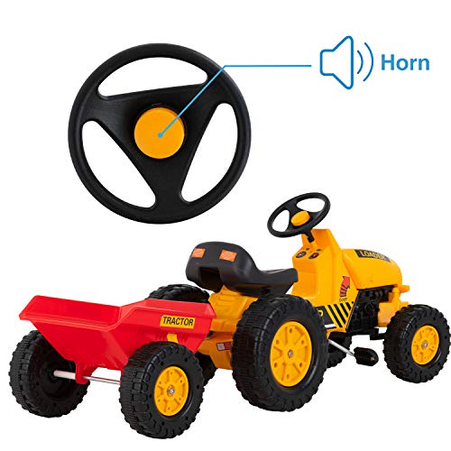 Uenjoy Kids Pedal Tractor Pedal Powered Ride On Toy Tractor for Kids with Detachable Trailer, Horn, Adjustable Seat, Forward/Backward, Yellow