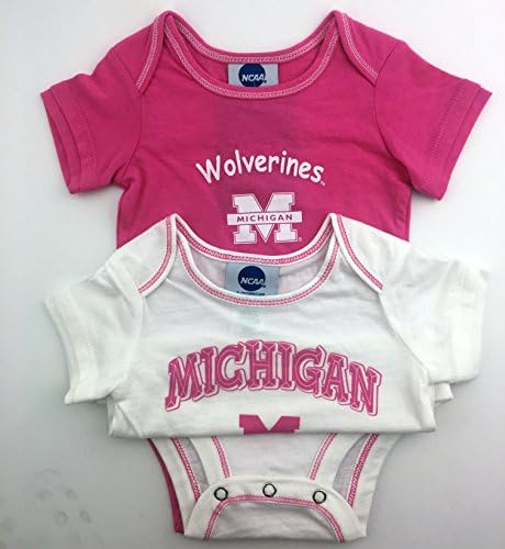 Pack of 2 OuterStuff Officially Licensed Infant 12 Month Michigan Wolverines Baby Girls Pink and White Onesie Romper Creepers