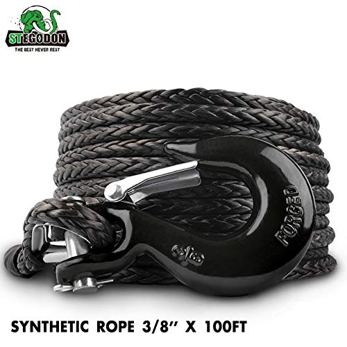 STEGODON 3/8" x 100ft Synthetic Winch Rope 23,809lbs Dyneema Winch Cable Line with Hook and Sleeve Protection Car Tow Recovery Cable for 4WD Off Road Vehicle Truck SUV Jeep(Black) - Image 2