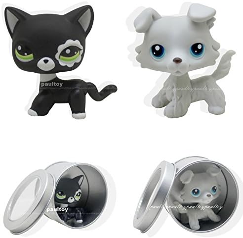 TeeNoi 2pcs #2249 #363 Rare Littlest Pet Shop Black Short Hair Cat Kitty Collie Dog Toy