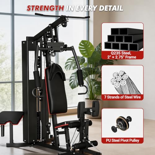 Home Gym Equipment, Multifunctional Home Gym Machine with 150 Lb Weight Stack for Back, Chest, Arms, Legs, All in One Exercise Station, Full Body Workout Machine for Strength Training
