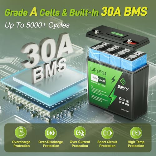 ERYY 12V 23.4Ah(30Ah) LiFePO4 Lithium Deep Cycle Battery With 30A BMS & Voltage Indicator, 12 Volt Battery Lithium Iron Phosphate for Fish Finder, Ham Radio, Solar, Lighting, Camping