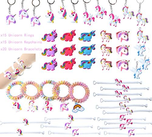 50 Pack Unicorn Party Favors Supplies Unicorn Wristbands Bracelets Unicorn Rings Keychains Theme Party Goody Bags Filler Set Unicorn Birthday Cosplay Photo Props
