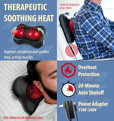 Zyllion Shiatsu Back and Neck Massager with Heat - 3D Electric Kneading Deep Tissue Massage Pillow for Chair, Car, Shoulders, Leg, Foot, Black, ZMA-13