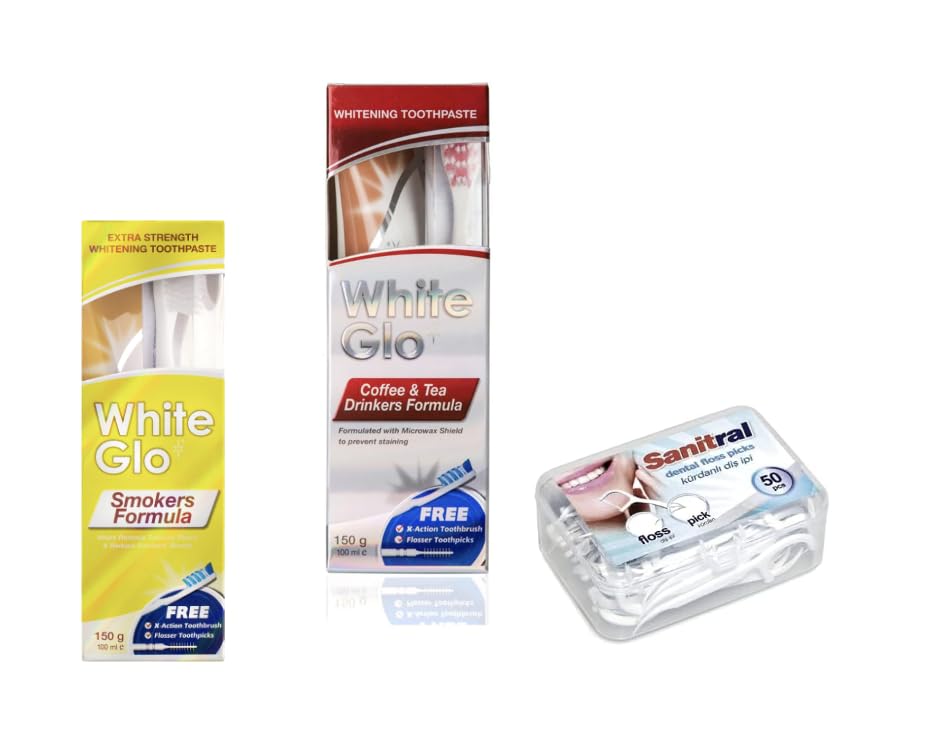 White Glo Smokers and Coffee + Tea Drinkers Formula Toothpaste 100 ml Set of 2 (with Sanitral 50 Pcs Dental Floss Stick Included as a Gift)