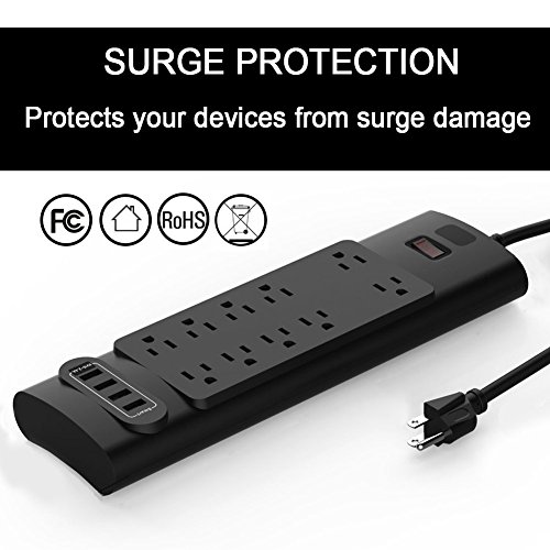 Surge Protector with 4 USB Ports and 10-Outlet, Mountable Power Strip, 6-Foot Long Heavy Duty Extension UL Cord, Overload Reset Switch, 125V, 1625W, 13A, Black