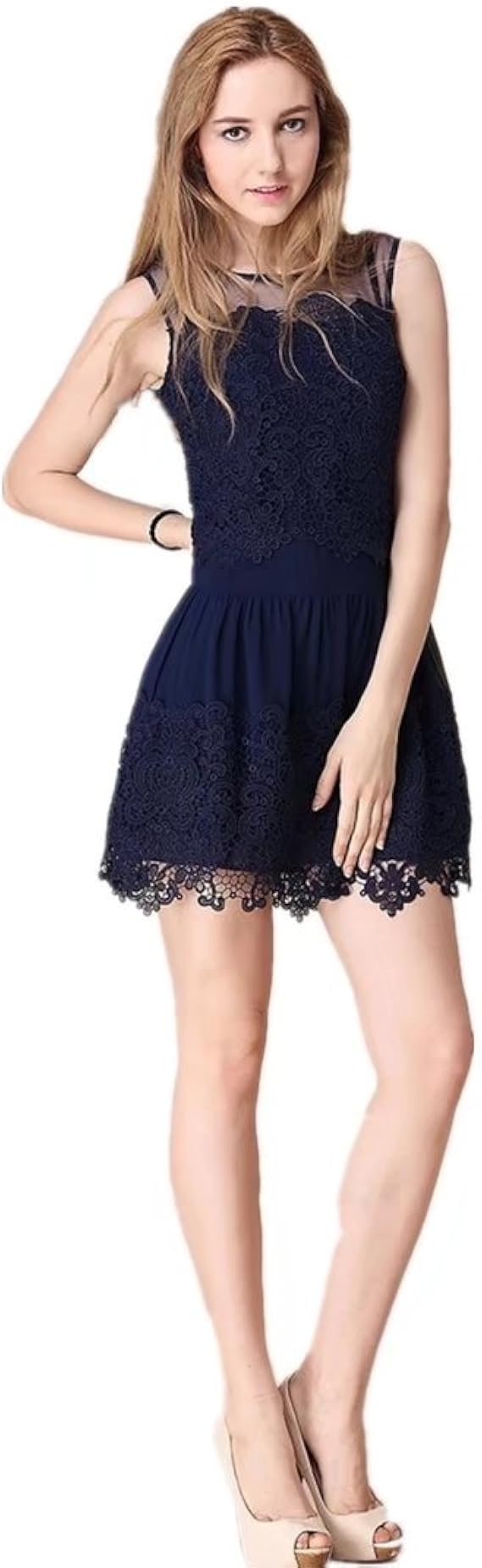 Amazon Co Jp 18新品 春夏韓国ファッション の高品質 ワンピースノースリーブのドレス セクシーなワンピース レーススカート サファイア Xl 服 ファッション小物