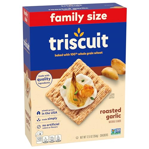 TRISCUIT ROASTED GARLIC WHOLE GRAIN WHEAT CRACKERS, LUNCH SNACKS, BULK SNACK CRACKERS, FAMILY SIZE, 6 – 12.5 OZ BOXES
