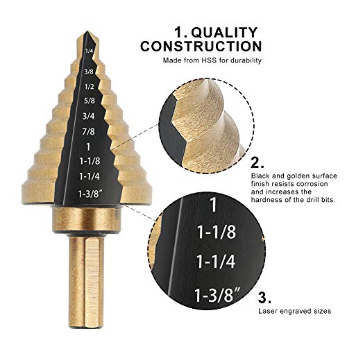image for COMOWARE Step Drill Bit Set & Automatic Center Punch- Black and Gold, 