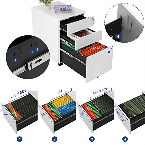 SONGMICS OFC60WT Office Cabinet Metal Mobile Storage Box with Wheels and Lock for Documents and Hanging File with 3 Drawers 39 x 52 x 60 cm White