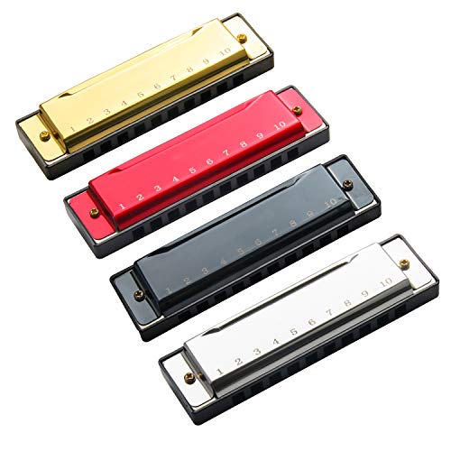 image for Upins 4pcs Key Of C 10 Hole Titanium Color Harmonica With Case For Beg