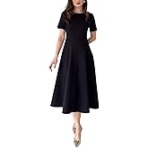 RomMoon Women's Summer Round Neck Midi Dress Short Sleeve Fit and Flare Elegant A-Line Business Swing Dresses