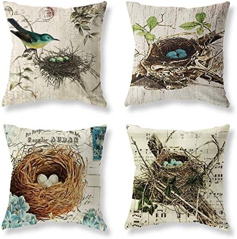 LuckyCow Throw Pillow Covers Adorable Animals Bird Flower Blue Butterfly Throw Pillow Case Couch Outdoor Bench Decorative Pillows Cotton Linen Gray Throw Pillows Cases 18"x18" Pack of 4