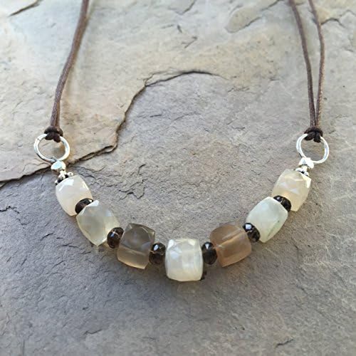 Moonstone Necklace, Multi Toned Moonstone Cubes on Natural Cord.