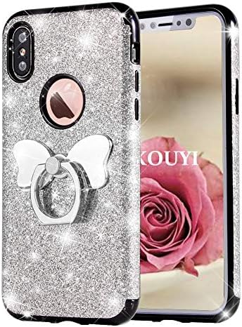 KOUYI for iPhone XS Max Case, [Glitter 3 in 1 Series] Fashion Glitter Sparkle Shiny Bling Diamond Protective Case Cover with Butterfly Ring Grip Holder Kickstand for iPhone XS Max (Silver)