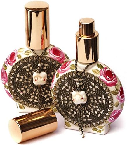 Hand Painted Vintage Style Romantic Victorian Pink Rose Round Spray Perfume Bottle with Gold Sprayer Cap