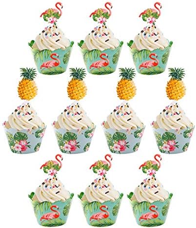 Bdecoll 24Pcs 1 Set of Flamingo Cupcake Wrapper & Cake Toppers Set.Tropical Tiki Luau Decorations for Summer Beach and Birthday Party