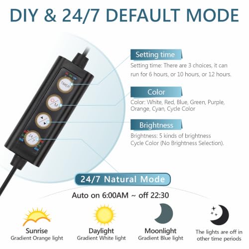 hygger Clip On 24/7 Lighting Aquarium LED Light,Sunrise-Daylight-Moonlight and DIY Mode, Adjustable Timer/Brightness Fish Tank Light with 7 Colors for Planted Tank (14W for 12~20in Tank)