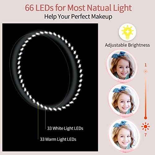 Morpilot Miroir de Maquillage Grossissant 7x Lumineux à Ventouse avec 66 Lumières LED Naturelles, Rotation à 120° et Fonctionnant sur batterie (Rose 2)