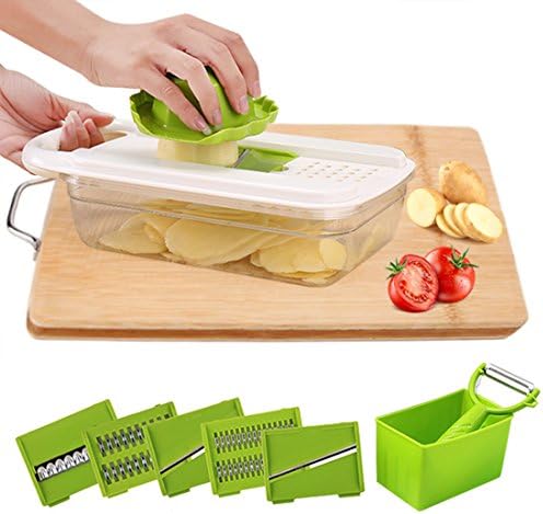 Adjustable Mandoline Slicer Handheld Vegetable Slicer Cutter,Kuxislxm 5 Stainless Steel Blades Vegetable Julienne Grate Slicer Kitchen Fruit Mandoline Slicer Vegetable Peeler Chopper Food Container
