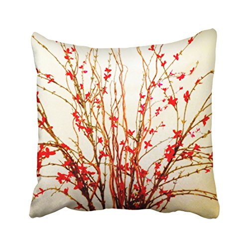 Musesh red flowers on light tan Cushions Case Throw Pillow Cover For Sofa Home Bedding Decorative Pillowslip Gift Ideas Household Pillowcase Zippered Pillow Covers 18X18Inch