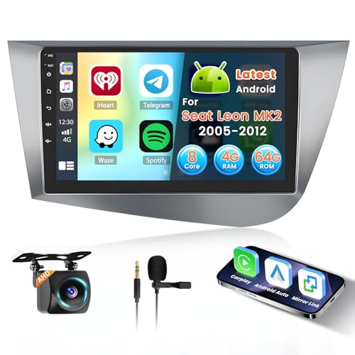 Inefala 8 Core 4+64G Radio for Seat Leon MK2 2005-2012 Android 15 with Wireless Carplay and Android Auto, 9'' Touch Screen Stereo Radio with Bluetooth 59UI 32 EQ DSP GPS FM/RDS SWC AHD Reverse Camera