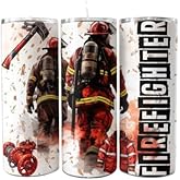 Personalized Firefighter Themed 20 oz Stainless Steel Skinny Tumbler with Lid and Straw - Custom Insulated Portable Mug