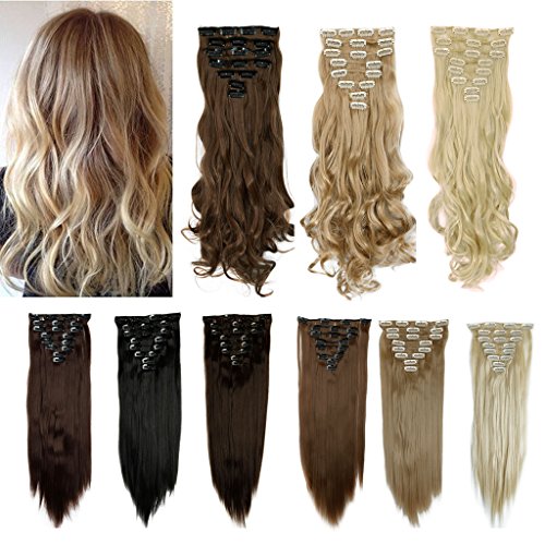 FUT Full Head 8 Pieces 18 Clips in Synthetic Hair Extensions Straight 26inch 145g for Girl Lady Women Ash Blonde