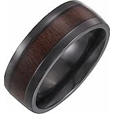 Black Solid Titanium 8mm Beveled Edge Wedding Band Ring Comfort Fit Wood Inlay - Size 11