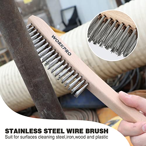 WORKPRO Wire Brush Set, 4Pcs Brass/Stainless/Carbon Steel Bristles Wire Scratch Brushes with Long Curved Beechwood Handle for Rust, Dirt & Paint Scrubbing with Deep Cleaning