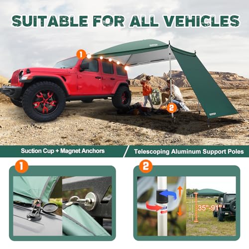 GOTIDY Car Awning Camping Tent, Waterproof Car Awning Sun Shelter with Awning Wall Extension, Pop Up Camper Awning for SUV Truck Van RV Campers and More (Green)
