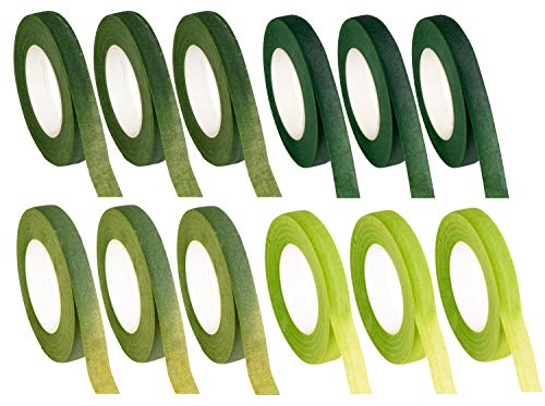 Floral Tape - 12-Pack Florist Tape, Green Floral Adhesives, Perfect for Bouquet Stem Wrapping, Floral Arrangement and Crafts, 0.47 Inches x 30 Yards, 4 Green Shades