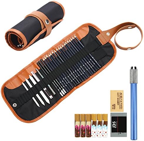 Refoc Drawing and Sketching Pencils Set 18 Pieces with Carrying Case, also contains Charcoal Pencils Pencil Extender Craft Knife Kneaded 4B Eraser Plastic Rubber, Professional for Beginners Artist