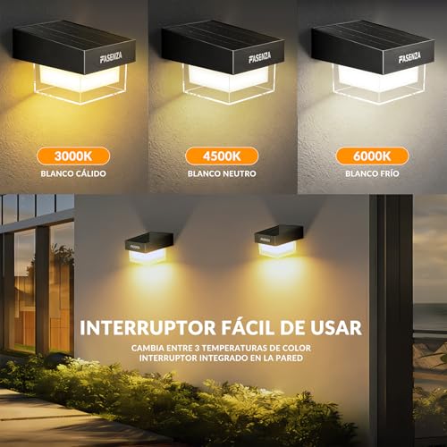 FASENZA Lámpara Solar Exterior: 400 Lúmenes, 3 Tonos de Luz Ajustables 3000K/4500K/6500K, Batería 1800mAh, IP65 Impermeable, para Jardín, Patio, Terraza, Pasillo, Valla, 2 Años de Garantía, 4 Piezas