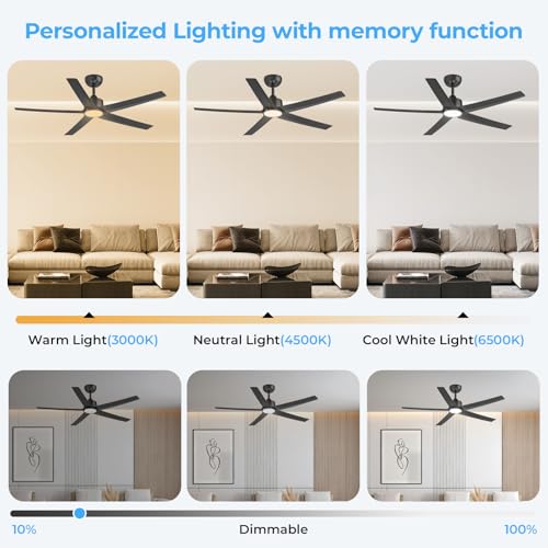 ocioc - Ventiladores de techo de 52 pulgadas con luces, paquete de 2 ventiladores de techo negro con luz y control remoto, 3CCT, motor de CC silencioso, ventilador de techo moderno de 5 aspas para