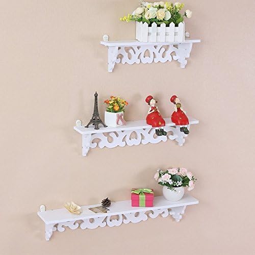 White Wooden Chic Filigree Style Decorative Floating Wall Shelf, CutOut Design Shelves Set of 3