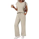 AUTOMET Women's 2 Piece Lounge Set Casual Cap Sleeve Top Wide Leg Pants Summer Vacation Outfits