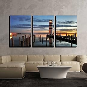 3 Piece Canvas Wall Art - Lighthouse at Night in Austria - Modern Home Art Stretched and Framed Ready to Hang - 16"x24"x3 Panels