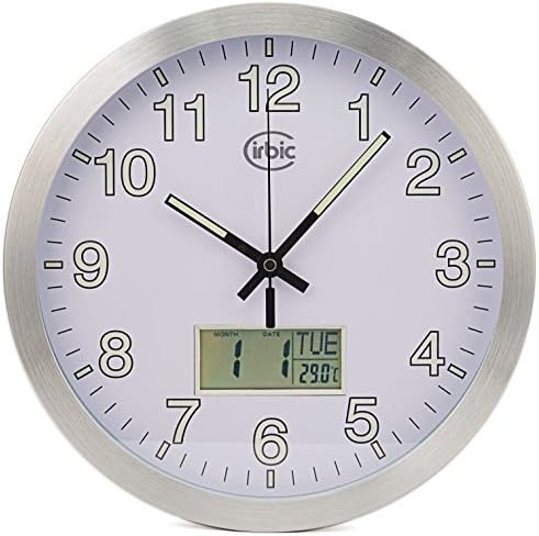 Luminous Wall Clock with Date and Temperature meter, Glow in Night, Round 12" Silent, Non-ticking by Cirbic