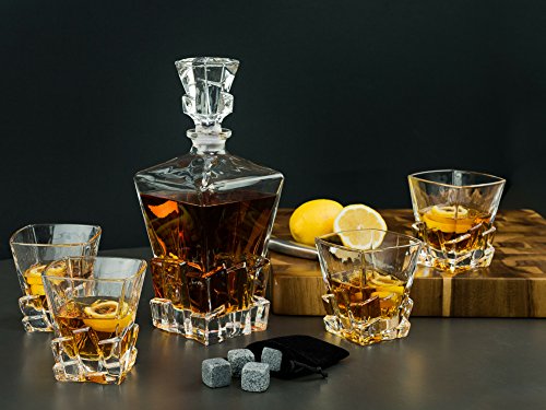 Whiskey Glass Set with Glass Whiskey Decanter - Set of 4 Old Fashioned Glasses with Bonus Granite Whiskey Stones - Great for Scotch and Bourbon - Whiskey Glasses - Perfect Holiday Gift (Cubed)