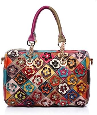 Women's Soft Lambskin Leather Satchel Multicolor Flower-art Crossbody Tote Bag