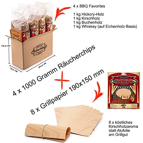 Axtschlag 4+1 Set Räucherchips BBQ Favorites + GRATIS 8X Grillpapier, für Gasgrill, Elektrogrill und Kohlegrill, 4kg… – Bild 4