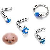 BodyBonita Opal Nose Rings for Women - 316L Surgical Steel Nose Hoops Piercing 20G 18G 16G Septum Rings L Shaped Nose Studs Jewelry Cartilage Conch Daith Helix Tragus Earrings 8/9/10mm 4Pcs 4Pcs