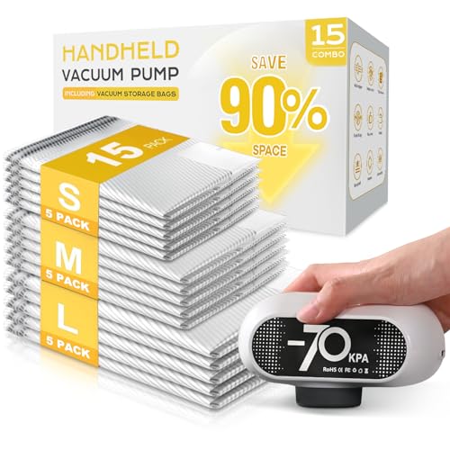 15 Pack Travel Vacuum Bags with Electric Pump, 70KPa Vacuum Storage Bags for Clothing, Reusable Space Saver Bags for Suitcase, Travel & Home Storage, Alpine White