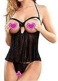 Women's Swirl Mesh Babydoll Set Lingerie Nightwear Sleepwear Dress(Black,XL)