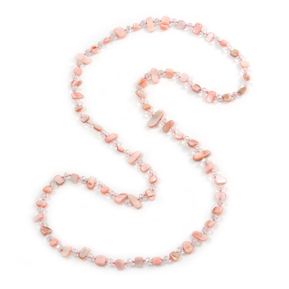 Avalaya Statement Long Pastel Pale Pink/Transparent Shell Nugget and Glass Crystal Bead Necklace/110cm Long