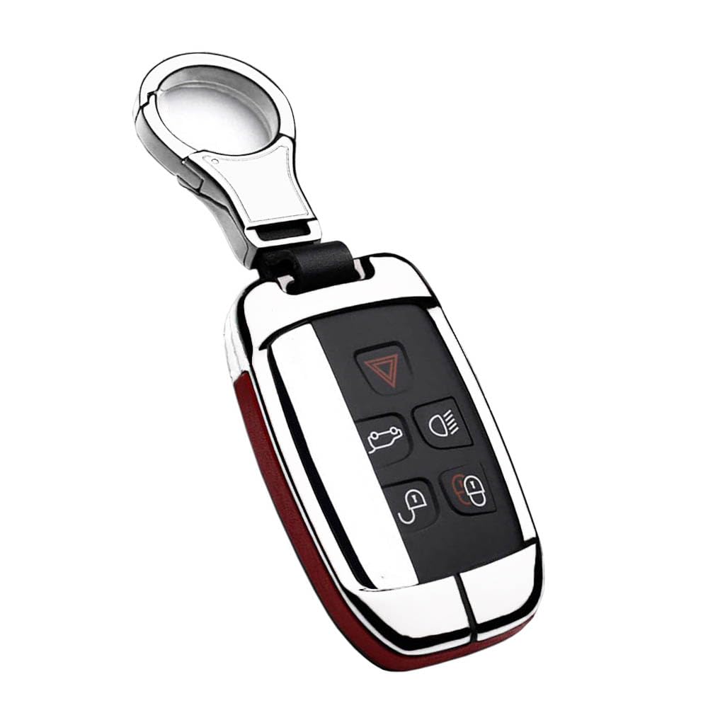 HIBEYO Car Key Case Smart Remote Key Key Box Protective Leather 5 Buttons Silver Red